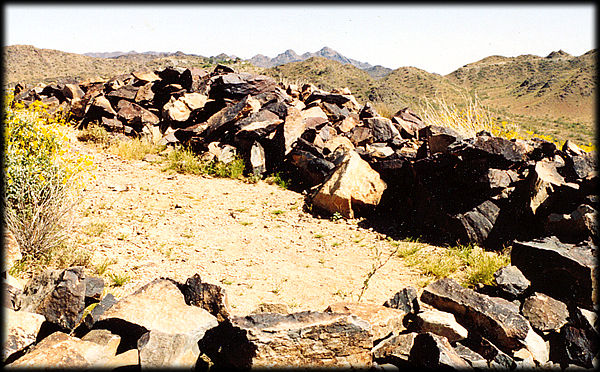 Ruins of stone walls form part of an old Hohokam solar observatory on Shaw Butte, in Phoenix, Arizona.