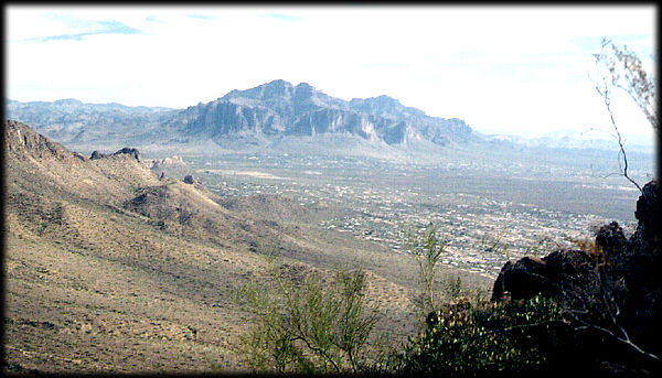 Superstition Mountain, near Apache Junction, Arizona, as seen from the Usery Mountains, looking southeast.
