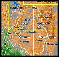 The Colorado Plateau surrounds the Four Corners area of Arizona, New Mexico, Colorado, and Utah.