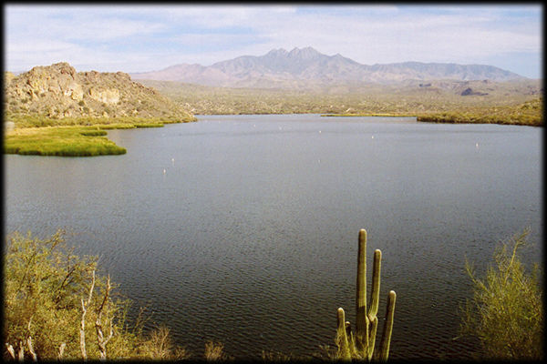 Saguaro Lake and the distant Four Peaks, along the Salt River (Rio Salado) near Mesa, Arizona.