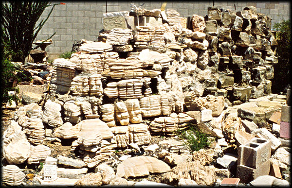 A collection of terraced sedimentary stone in Somewhere Over the Rainbow Museum and Rock Garden near Lookout Mountain, in Phoenix, Arizona.